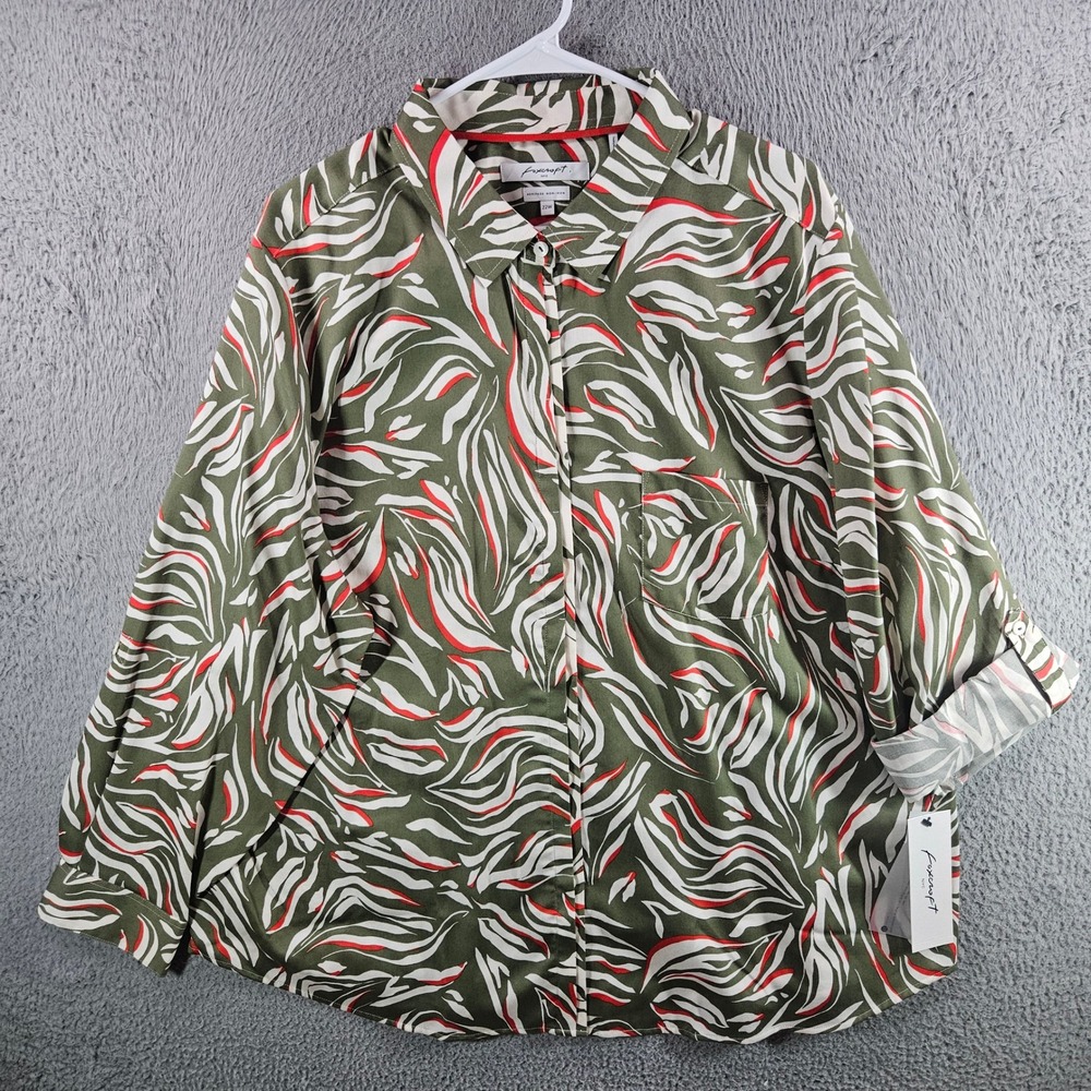 Foxcroft NYC Heritage Non-Iron Shirt 22W Green Abstract‎ Zebra Button Down NWT